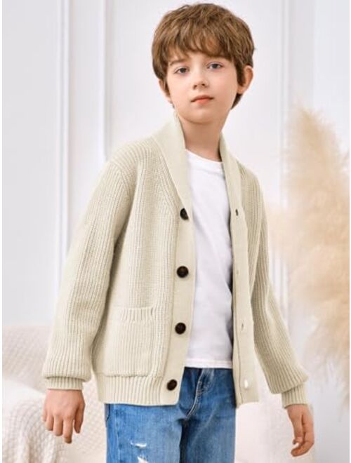 Haloumoning Boy's Shawl Collar Cardigan Sweater Button Down Long Sleeve Knitted Outwear Sweater Coats with Pockets