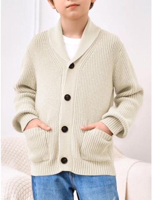 Haloumoning Boy's Shawl Collar Cardigan Sweater Button Down Long Sleeve Knitted Outwear Sweater Coats with Pockets