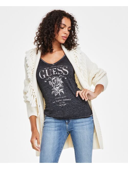 GUESS Women's Anne Fringe-Trim Belted Wrap Cardigan