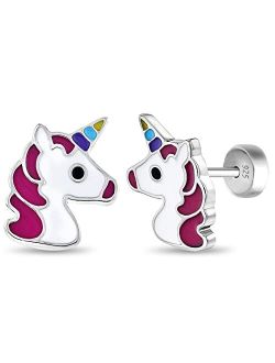 In Season Jewelry 925 Sterling Silver Multi-color Unicorn Earrings Safety Push Back Stud for Girls - Colorful Unicorn Earrings Gift for Unicorn Loving Children - Fun and 
