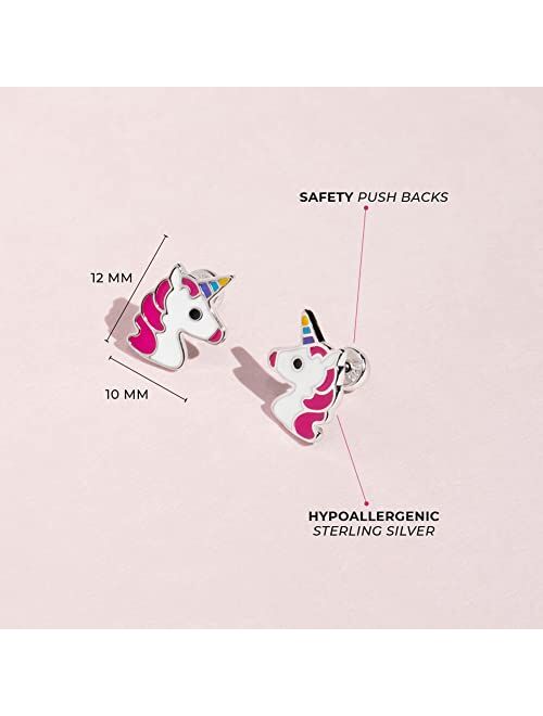 In Season Jewelry 925 Sterling Silver Multi-color Unicorn Earrings Safety Push Back Stud for Girls - Colorful Unicorn Earrings Gift for Unicorn Loving Children - Fun and 