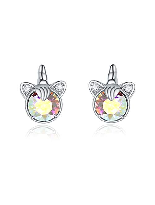 AOBOCO Sterling Silver Unicorn Earrings, Aurore Boreale Crystal from Austria, Hypoallergenic Stud Earrings, Anniversary Birthday Unicorn Jewelry Gifts for Women Daughter 