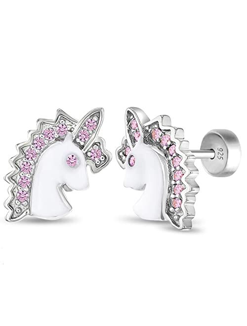 In Season Jewelry 925 Sterling Silver Enamel & Cubic Zirconia Unicorn Safety Push Back Earrings Stud for Toddlers, Little Girls - Beautiful Hand-Painted Enamel CZ Unicorn