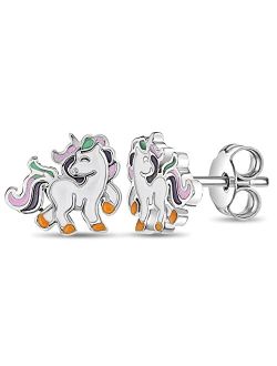In Season Jewelry 925 Sterling Silver Multicolor Enamel Rainbow Unicorn Stud Earrings for Little Girls and Preteens - Little Girls Dress Up Unicorn Stud Earrings - Unicor
