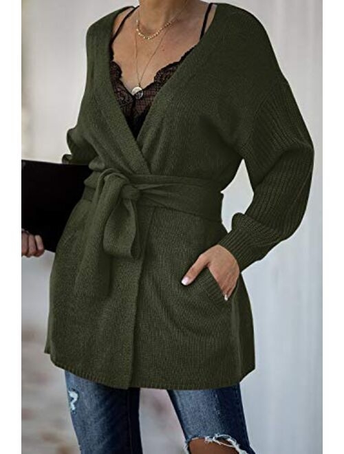 Auburet Womens Wrap Tie Waist Cardigan Sweater Lightweight Oversized Long Sleeve Open Front Knitted Coat with Pockets