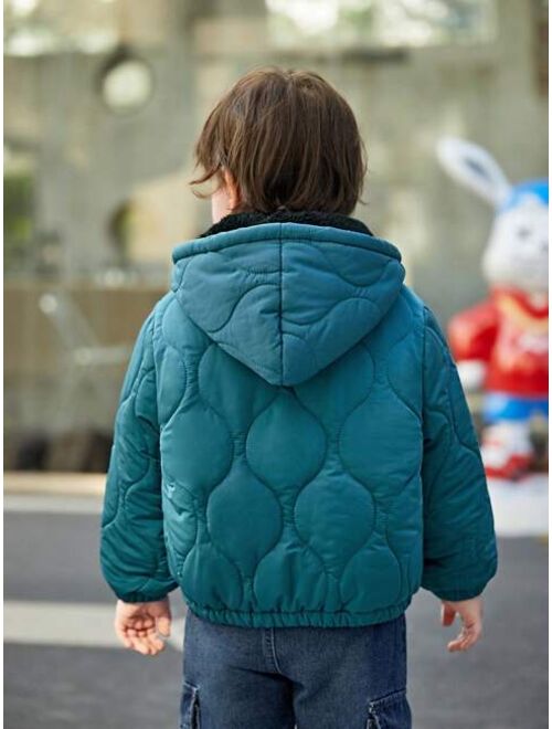 SHEIN Kids EVRYDAY Young Boy Letter Patched Zip Up Hooded Quilted Coat
