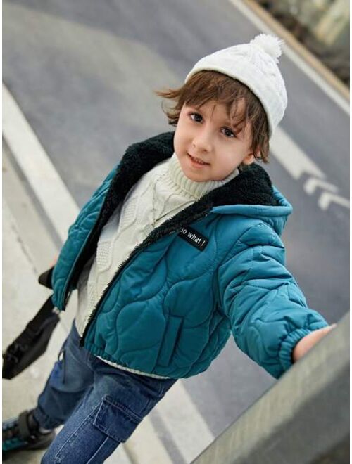 SHEIN Kids EVRYDAY Young Boy Letter Patched Zip Up Hooded Quilted Coat