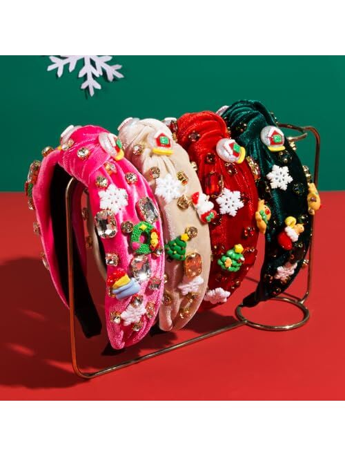 NININTHVEEN Christmas Headband for women Red Pearl Rhinestone Jeweled Xmas Headband Holiday Embellished Crystal Top Knot Headband Hair Accessories Holiday Outfits Gifts
