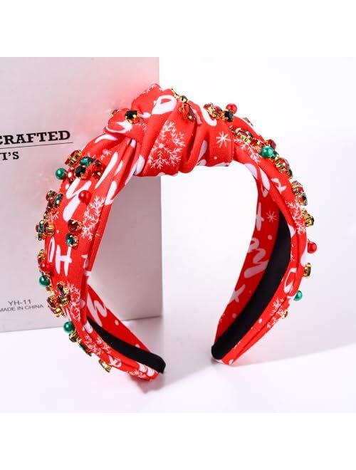 Yahpern Christmas Headband for Women Holiday Christmas Accessories Xmas Tree Snowflake Reindeer Candy Cane Knotted Headband Jeweled Crystal Pearl Wide Top Knot Headband F