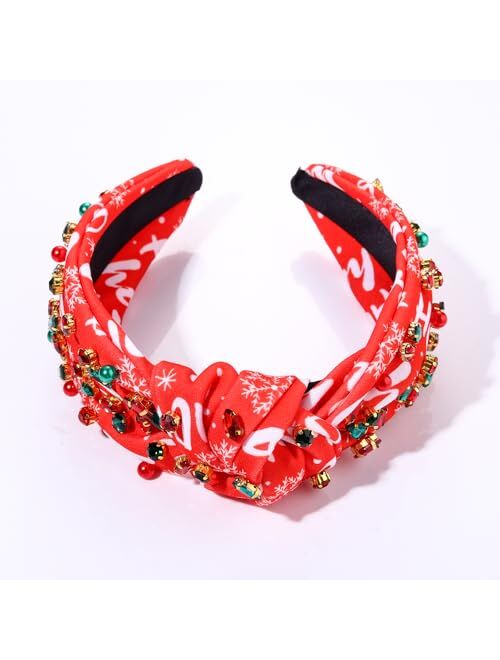 Yahpern Christmas Headband for Women Holiday Christmas Accessories Xmas Tree Snowflake Reindeer Candy Cane Knotted Headband Jeweled Crystal Pearl Wide Top Knot Headband F
