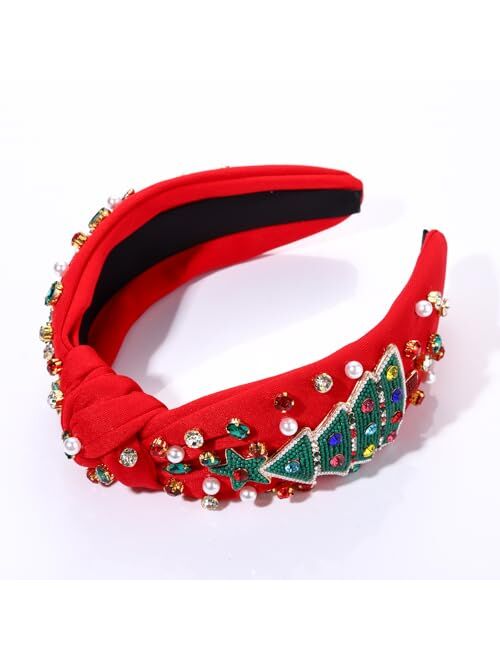 NVENF Christmas Headband for Women Jeweled Xmas Plaid Headband Embellished Crystal Pearl Knotted Headbands Wide Top Knot Holiday Headband Christmas Hair Accessories Holid