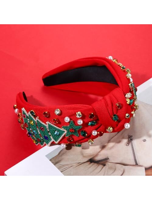 NVENF Christmas Headband for Women Jeweled Xmas Plaid Headband Embellished Crystal Pearl Knotted Headbands Wide Top Knot Holiday Headband Christmas Hair Accessories Holid