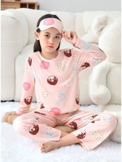 Tween Girls' Knitted Baggy Donut Patterned Crewneck Top With Knit Loose Pants, 2pcs/set Home Wear