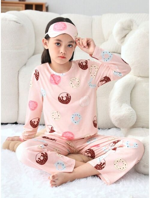 SHEIN Tween Girls' Knitted Baggy Donut Patterned Crewneck Top With Knit Loose Pants, 2pcs/set Home Wear