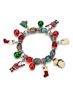 RareLove Cute Christmas Santa Claus Charm Beaded Bracelet Stretch Strand Elastic Xmas Tree Stcoking Snowman Bell Rings Red Green Beads Holiday For Women Girls