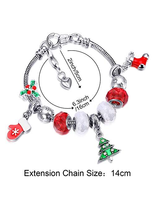 Hicarer Christmas Bracelet Beaded Charm Bangle with Gift Box Greet Card Gift for Girl Lady