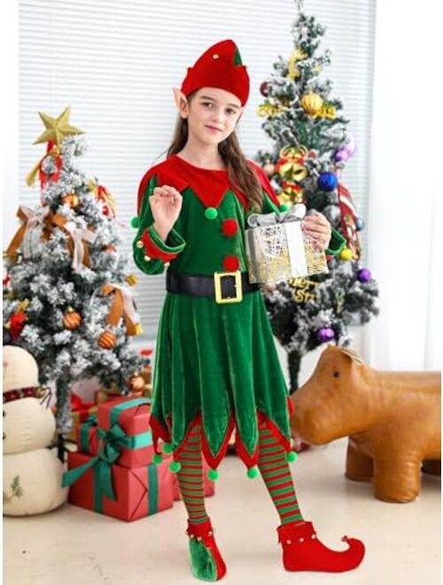 SOMSOC 6 Pack Girls Christmas Elf Costume Set Velvet Dress with Elf Hat Shoes Ears Belt Striped Over Knee High Socks