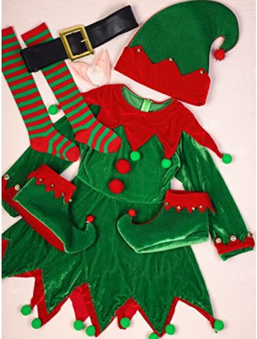 SOMSOC 6 Pack Girls Christmas Elf Costume Set Velvet Dress with Elf Hat Shoes Ears Belt Striped Over Knee High Socks