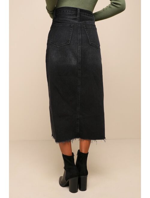 Just Black Lulus Trendsetting Topic Black Denim High Rise Raw Hem Midi Skirt