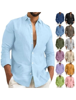 Generic Mens Linen Shirt Hippie Long Sleeve Button Up Shirts for Men Casual Spread Collar Cuban Guayabera Chambray Tshirt