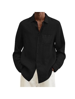 Generic Mens Linen Shirt Hippie Long Sleeve Button Up Shirts for Men Casual Spread Collar Cuban Guayabera Chambray Tshirt