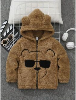 SHEIN Young Boy Bear Embroidery 3D Ear Design Hooded Teddy Jacket