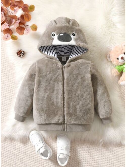 SHEIN Kids QTFun Toddler Boys Embroidery 3D Ear Design Teddy Hooded Jacket