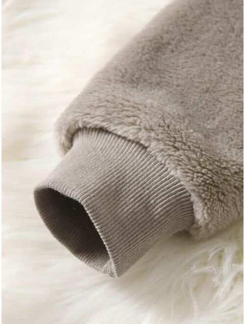 SHEIN Kids QTFun Toddler Boys Embroidery 3D Ear Design Teddy Hooded Jacket