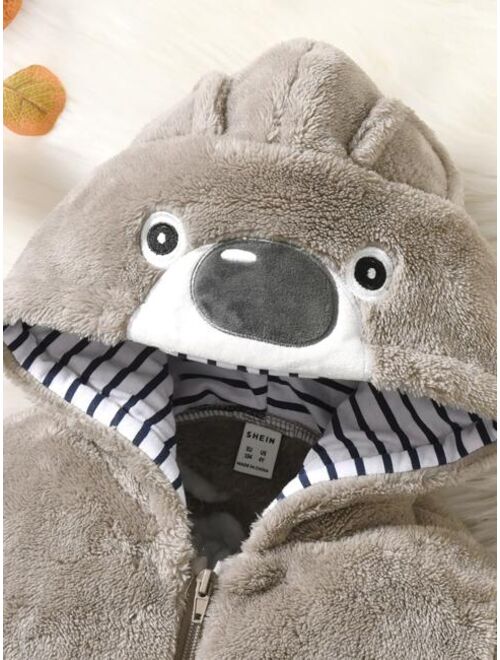 SHEIN Kids QTFun Toddler Boys Embroidery 3D Ear Design Teddy Hooded Jacket