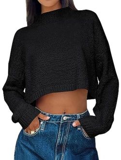 LILLUSORY Women's Cropped Sweaters 2023 Fall Winter Mock Neck Long Sleeve Fuzzy Knit Oversized Pullover Sweater Jumper Top