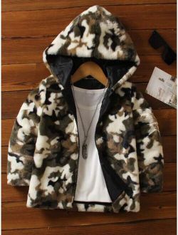SHEIN Kids HYPEME Young Boy Camo Print Hooded Fleece Coat Without Tee