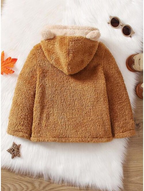 Shein Young Boy Letter Patched Kangaroo Pocket 3D Ear Design Hooded Teddy Jacket