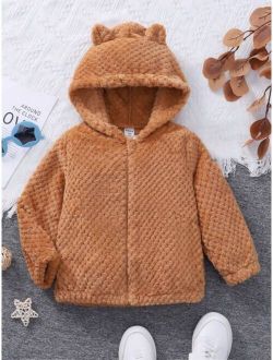 Shein Young Boy 3D Ear Design Hooded Zipper Flannel Jacket