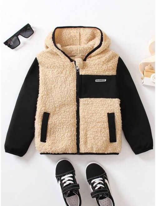 SHEIN Kids EVRYDAY Young Boy Colorblock Letter Patched Detail Contrast Binding Hooded Teddy Jacket