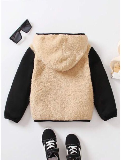 SHEIN Kids EVRYDAY Young Boy Colorblock Letter Patched Detail Contrast Binding Hooded Teddy Jacket