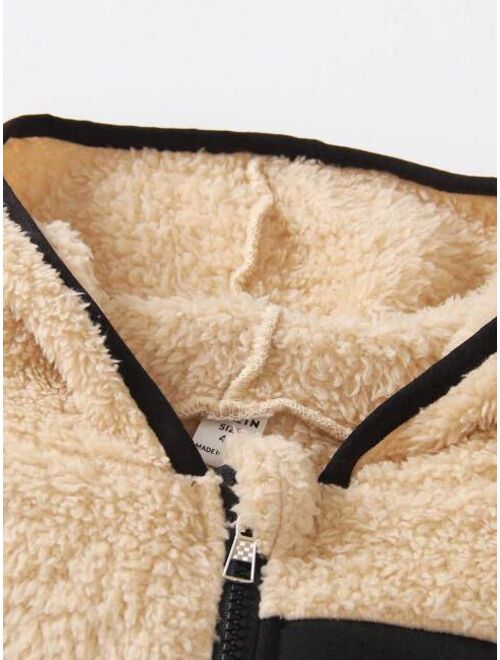 SHEIN Kids EVRYDAY Young Boy Colorblock Letter Patched Detail Contrast Binding Hooded Teddy Jacket