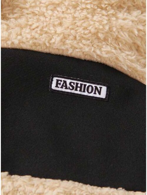 SHEIN Kids EVRYDAY Young Boy Colorblock Letter Patched Detail Contrast Binding Hooded Teddy Jacket