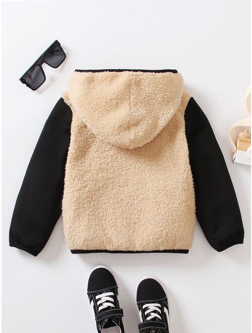 SHEIN Kids EVRYDAY Young Boy Colorblock Letter Patched Detail Contrast Binding Hooded Teddy Jacket