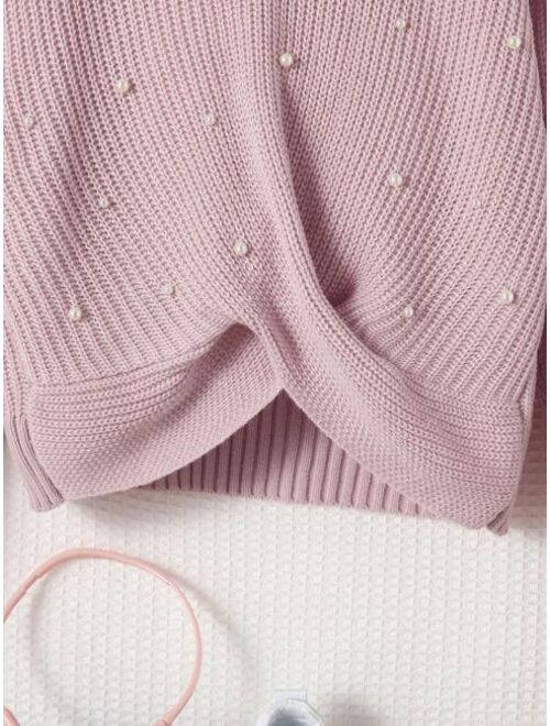 Teen Girl Pearls Beaded Twist Front Drop Shoulder Sweater