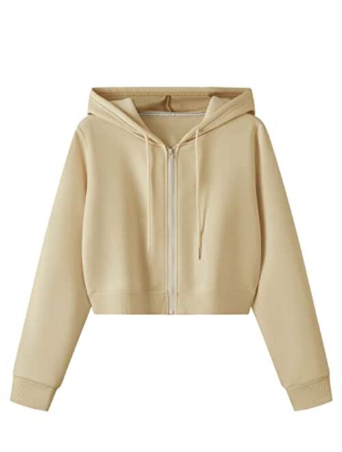 SweatyRocks Women's Long Sleeve Drawstring Full Zip Hooded Jacket Crop Sweatshirt