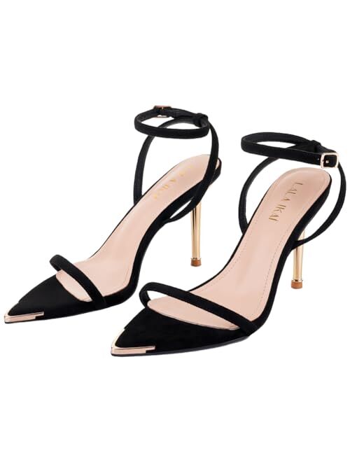 LALA IKAI Womens Black Stiletto Heeled Sandals Open Pointed Toe Ankle Strap Heels Sexy Comfort Strappy Dress Shoes Wedding Bridal Pumps Sandals