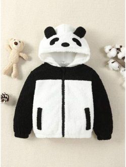 Shein Single Thick Panda Embroidery Baseball Jacket With Ear Detail For Toddler Boys