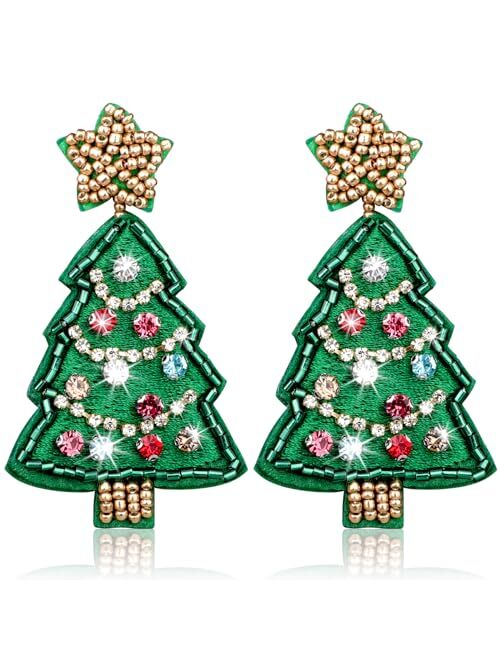 Edussy Christmas Earrings-Beaded Christmas Jewelry Earrings for Women Dangling Headmade Holiday Earrings Xmas Party Gifts
