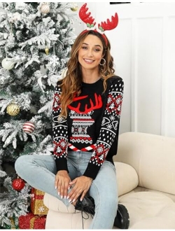Riyiper Women's Long Sleeve Christmas Sweater Reindeer Snowflakes Xmas Round Neck Sweater Pullover