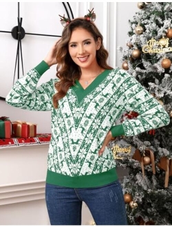 MISSKY Women's Ugly Christmas Sweaters Knit Pullover Holiday Vacation Long Sleeve Sweaters Funny Reindeer Snowflake