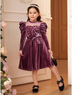 Toddler Girls' Form-fitting Romantic Velvet Dress With Lamb Sleeves And Bead Embellishments