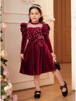 Toddler Girls' Form-fitting Romantic Velvet Dress With Lamb Sleeves And Bead Embellishments