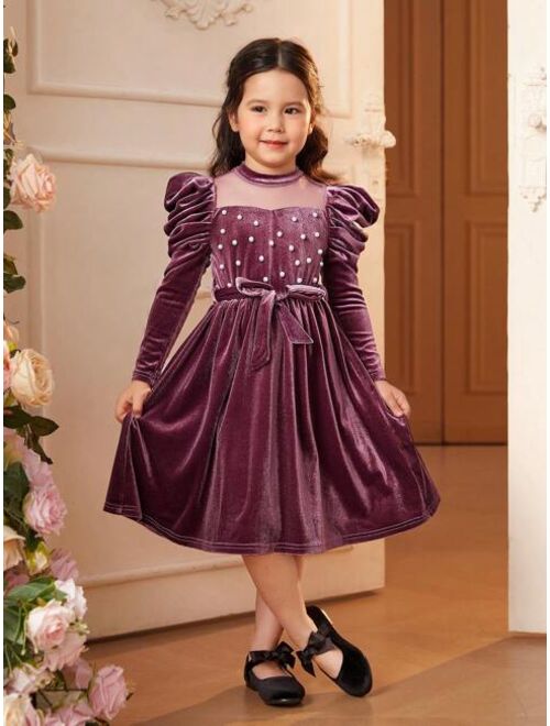 SHEIN Toddler Girls' Form-fitting Romantic Velvet Dress With Lamb Sleeves And Bead Embellishments