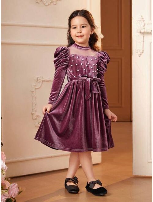 SHEIN Toddler Girls' Form-fitting Romantic Velvet Dress With Lamb Sleeves And Bead Embellishments