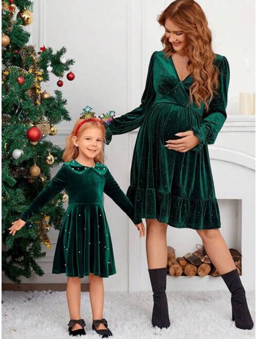 SHEIN Girls' (little) Velvet Beaded Dress Mommy&me Matching Outfits